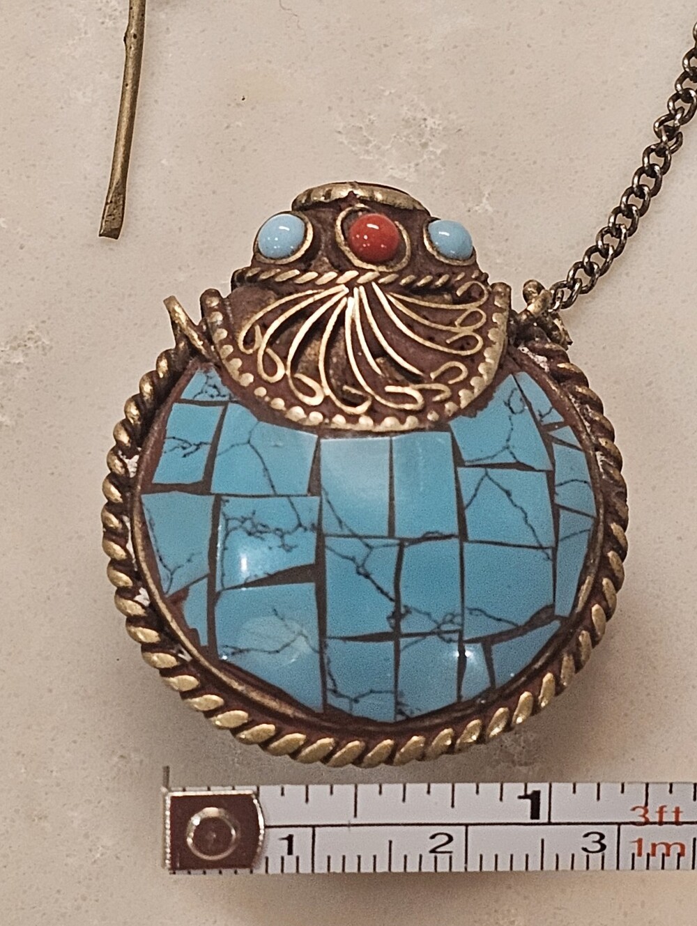 Vintage Tibetan Style Turquoise Mosaic Snuff Bottle Pendant Necklace - Picture 6 of 6